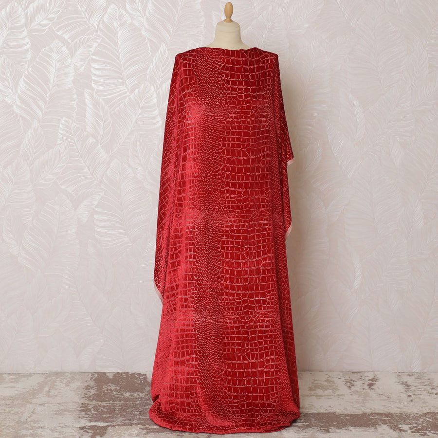 Crimson red silk blended velvet makmal dirac fabric with black weave in abstract design-D16592