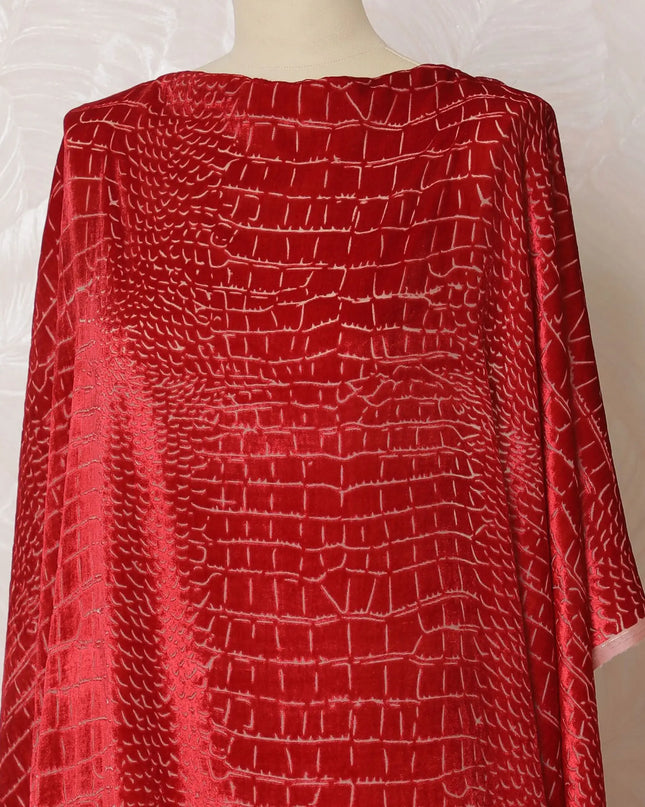 Crimson red silk blended velvet makmal dirac fabric with black weave in abstract design-D16592 Regal Fabrics