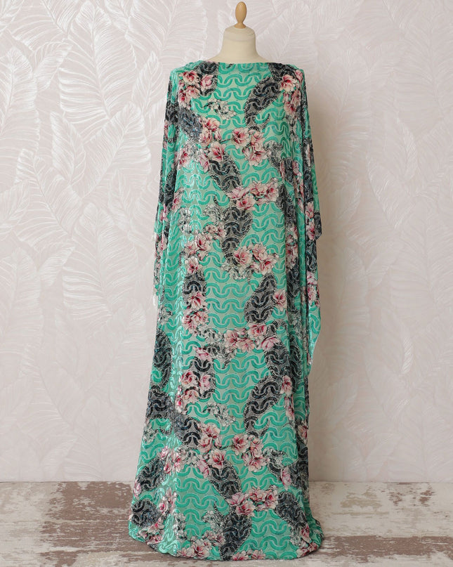 Turquoise green Premium pure silk chiffon velvet makmal dirac fabric with multicolor print in floral design-D16597