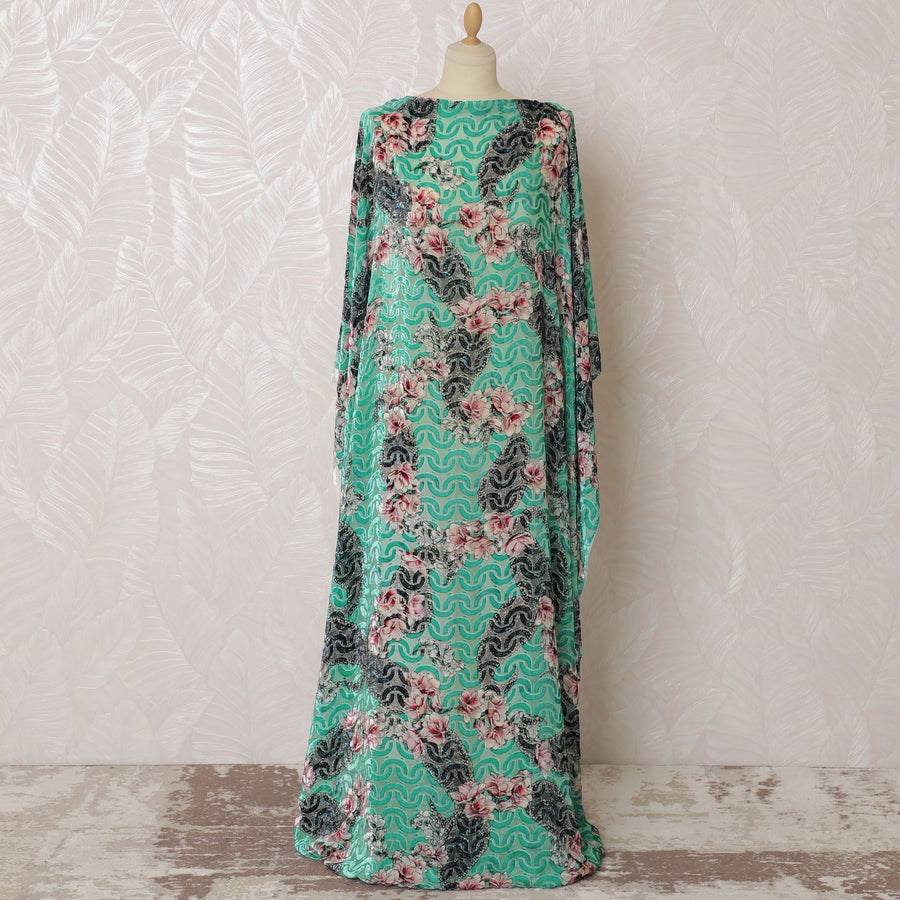 Turquoise green Premium pure silk chiffon velvet makmal dirac fabric with multicolor print in floral design-D16597 Regal Fabrics