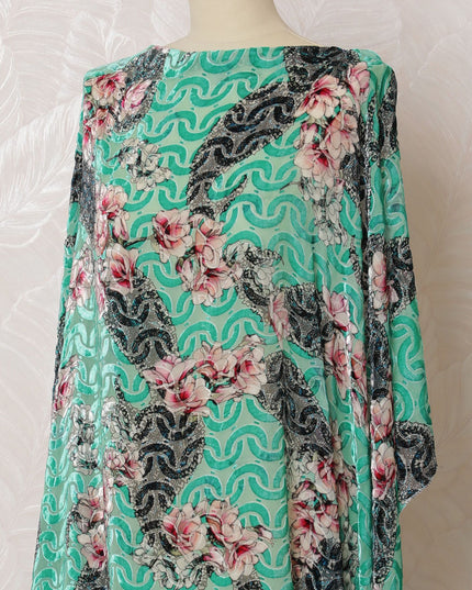 Turquoise green Premium pure silk chiffon velvet makmal dirac fabric with multicolor print in floral design-D16597 Regal Fabrics