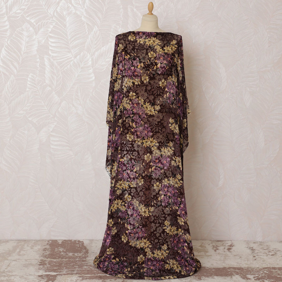 قماش شيفون حريري إيطالي فاخر باللون البني مخمل ديراك مع طباعة متعددة الألوان بتصميم زهور-D16598