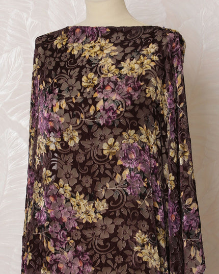 قماش شيفون حريري إيطالي فاخر باللون البني مخمل ديراك مع طباعة متعددة الألوان بتصميم زهور-D16598