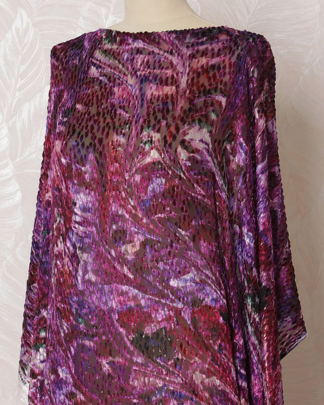 Purple Premium Italian silk chiffon velvet makmal dirac fabric fabric with same tone metallic lurex in abstract design-D16601