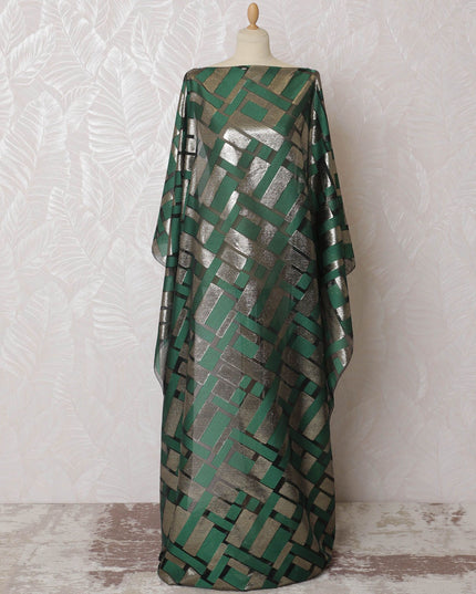 Black Premium pure French (Fransawi) silk chiffon dirac fabric with forest green viscose and gold metallic lurex in geometric design-D16654