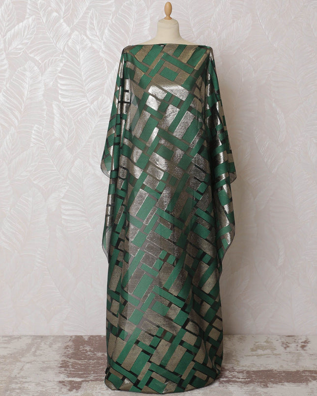 Black Premium pure French (Fransawi) silk chiffon dirac fabric with forest green viscose and gold metallic lurex in geometric design-D16654
