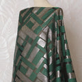 Black Premium pure French (Fransawi) silk chiffon dirac fabric with forest green viscose and gold metallic lurex in geometric design-D16654
