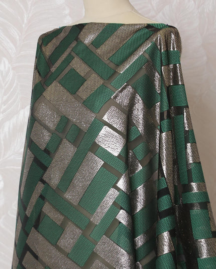 Black Premium pure French (Fransawi) silk chiffon dirac fabric with forest green viscose and gold metallic lurex in geometric design-D16654