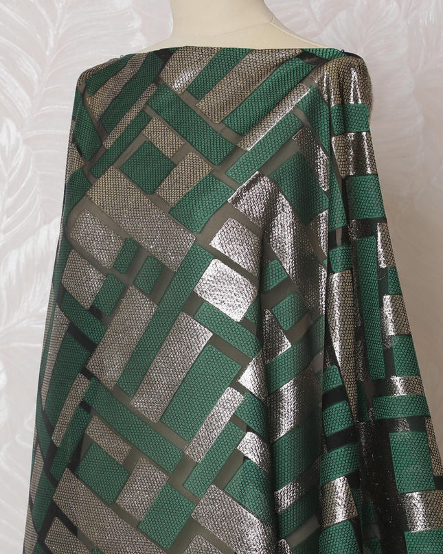 Black Premium pure French (Fransawi) silk chiffon dirac fabric with forest green viscose and gold metallic lurex in geometric design-D16654