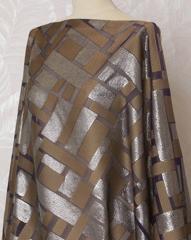 Purple Premium pure French (Fransawi) silk chiffon dirac fabric with mustard viscose and gold metallic lurex in geometric design-D16655