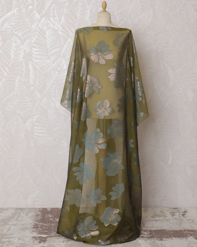 Olive green Premium pure French (Fransawi) silk chiffon dirac fabric with blue viscose and gold metallic lurex in floral design-D16656