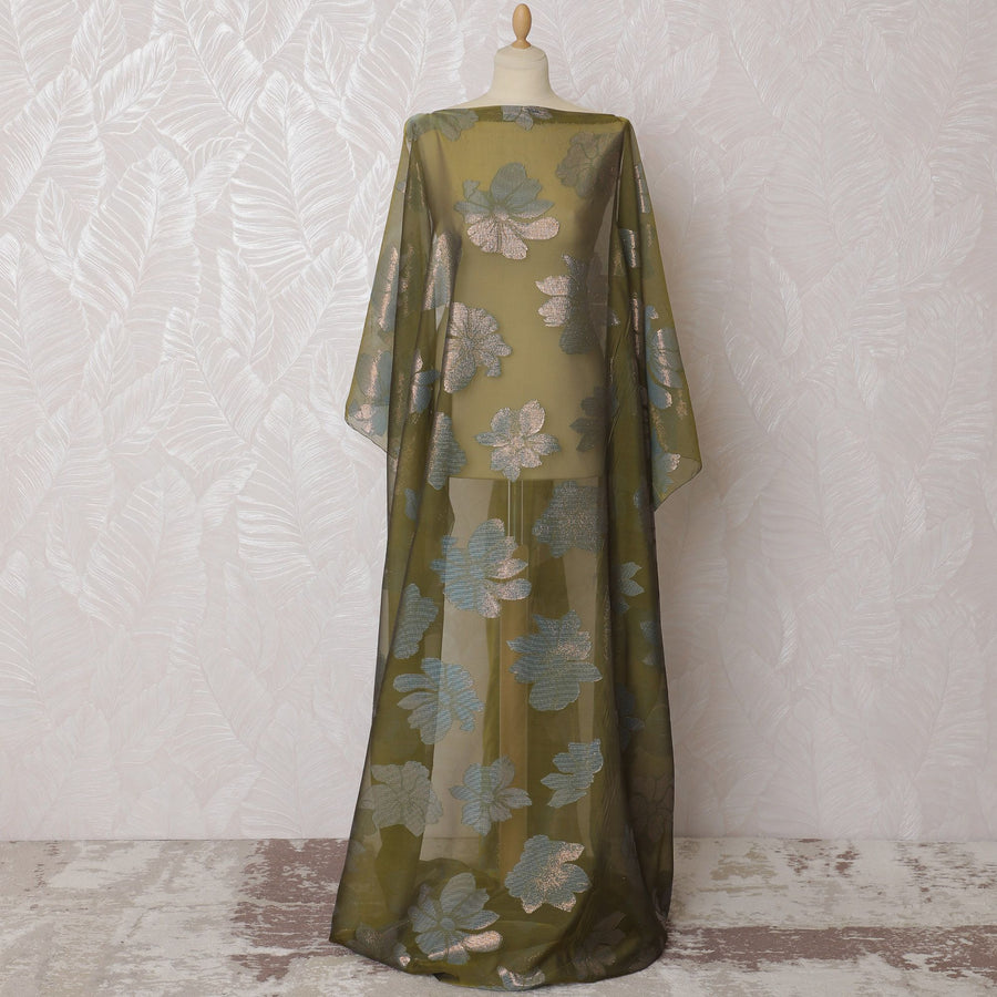 Olive green Premium pure French (Fransawi) silk chiffon dirac fabric with blue viscose and gold metallic lurex in floral design-D16656