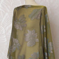 Olive green Premium pure French (Fransawi) silk chiffon dirac fabric with blue viscose and gold metallic lurex in floral design-D16656