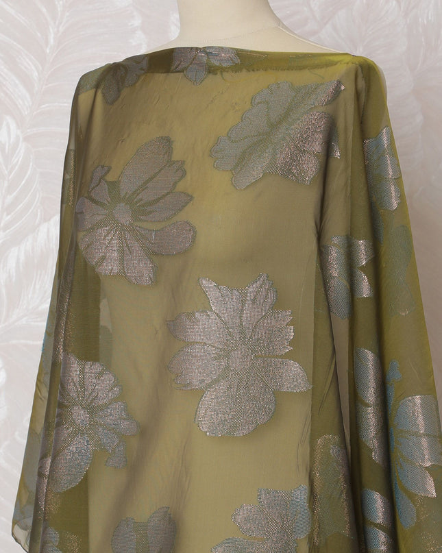 Olive green Premium pure French (Fransawi) silk chiffon dirac fabric with blue viscose and gold metallic lurex in floral design-D16656