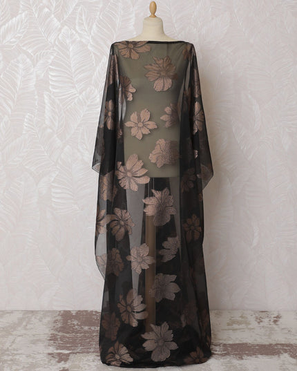 Black Premium pure French (Fransawi) silk chiffon dirac fabric with copper brown viscose and metallic lurex in floral design-D16657