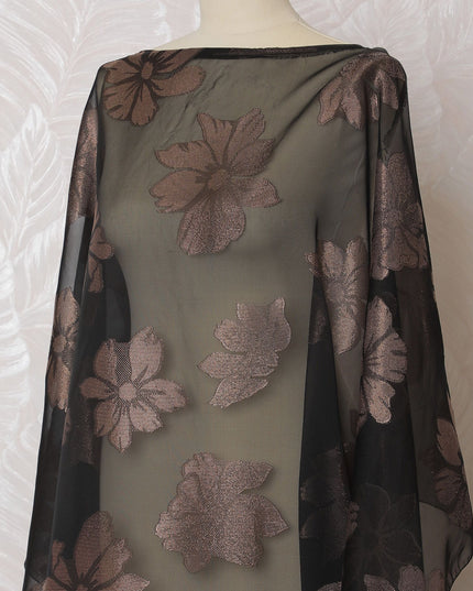 Black Premium pure French (Fransawi) silk chiffon dirac fabric with copper brown viscose and metallic lurex in floral design-D16657