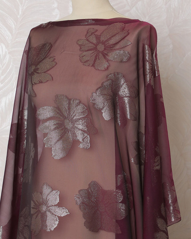 Wine Purple Premium pure French (Fransawi) silk chiffon dirac fabric with gold metallic lurex in floral design-D16658