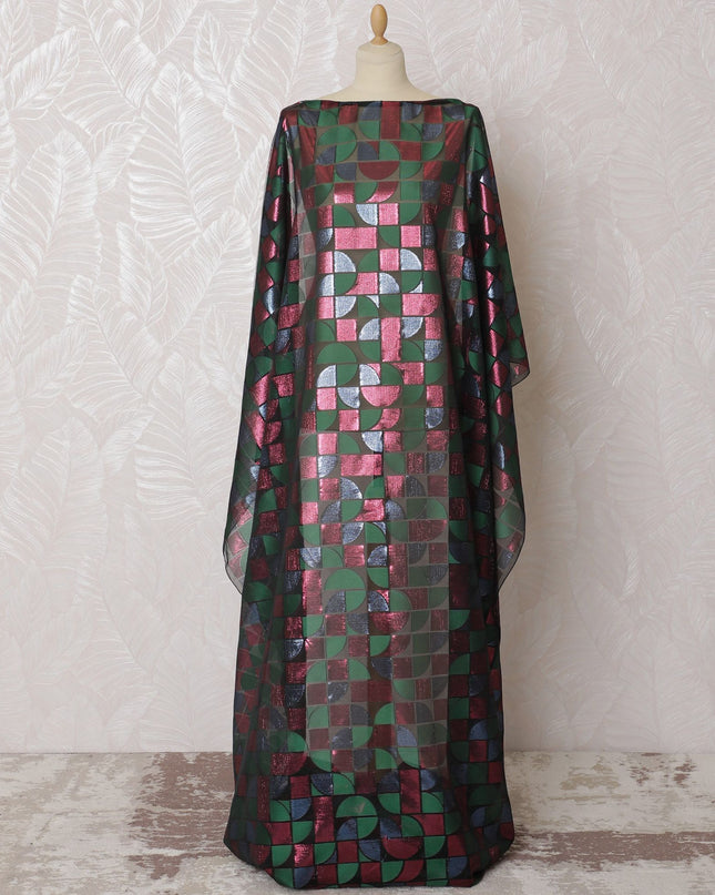 قماش ديراك شيفون حريري فرنسي (فرانساوي) أسود فاخر مع زجاجة فيسكوز أخضر مع لوريكس معدني وردي وأزرق بتصميم هندسي -D16659