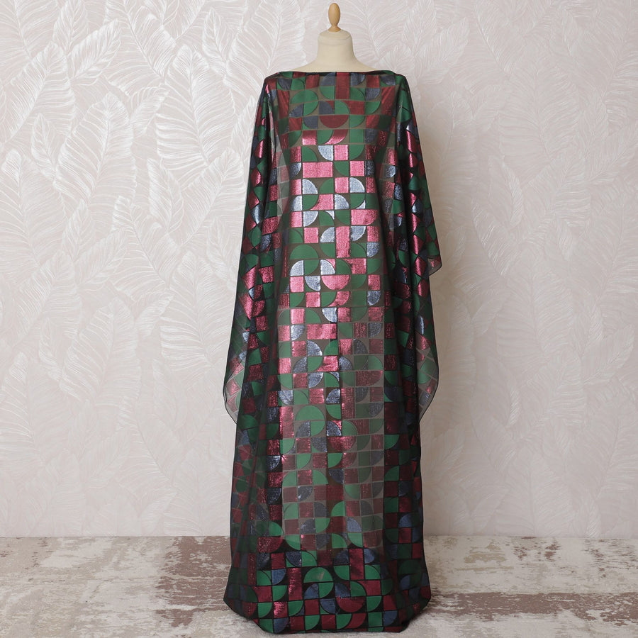 Black Premium pure French (Fransawi) silk chiffon dirac fabric with bottle green viscose having pink and blue metallic lurex in geometric design-D16659