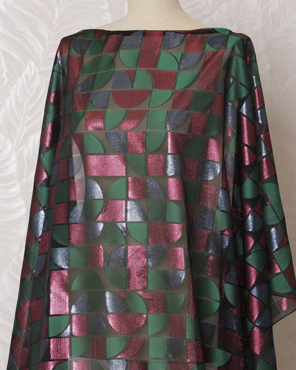 Black Premium pure French (Fransawi) silk chiffon dirac fabric with bottle green viscose having pink and blue metallic lurex in geometric design-D16659