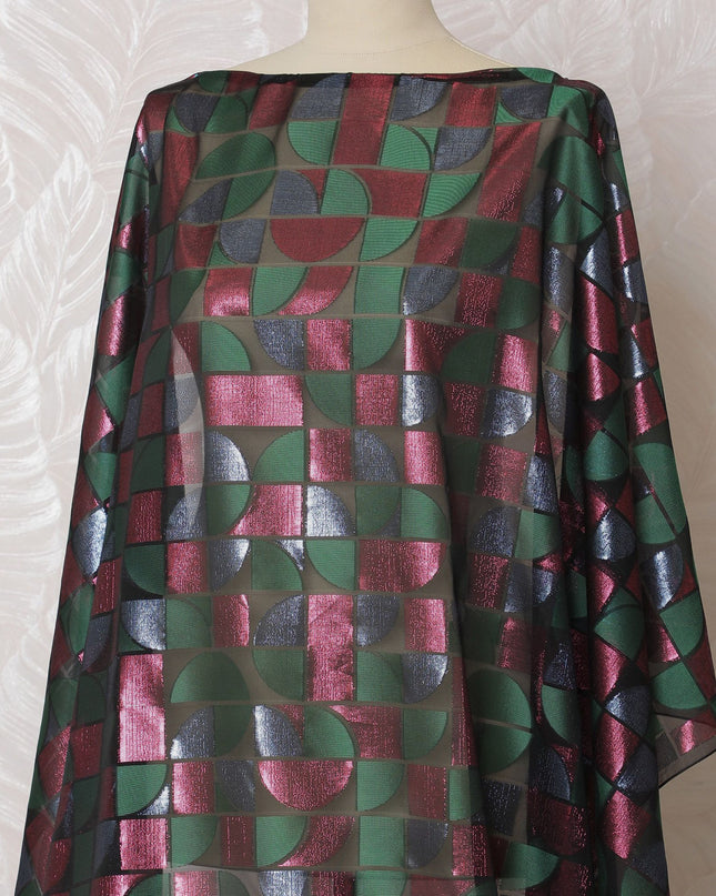 قماش ديراك شيفون حريري فرنسي (فرانساوي) أسود فاخر مع زجاجة فيسكوز أخضر مع لوريكس معدني وردي وأزرق بتصميم هندسي -D16659