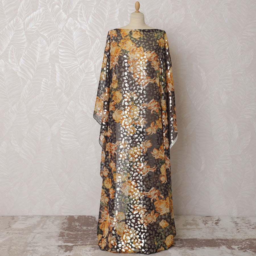 Purplish blue Premium pure French (Fransawi) silk chiffon dirac fabric with multicolor print having gold metallic lurex in floral design-D16661