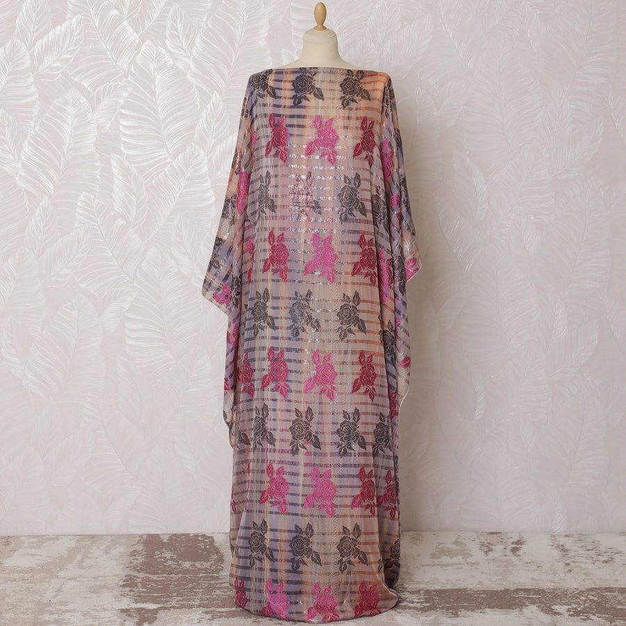 Multicolor Premium pure French (Fransawi) silk chiffon dirac fabric with pink viscose and same tone metallic lurex in floral design-D16665 Regal Fabrics