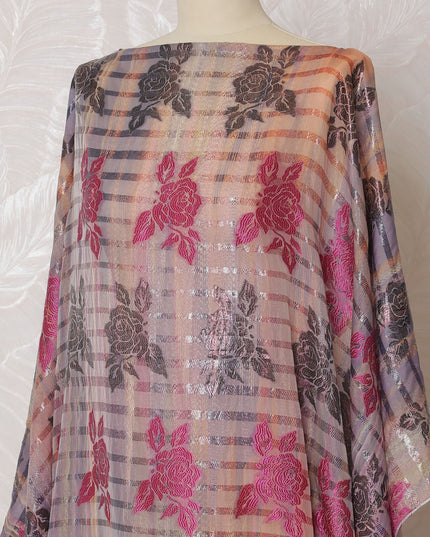 Multicolor Premium pure French (Fransawi) silk chiffon dirac fabric with pink viscose and same tone metallic lurex in floral design-D16665 Regal Fabrics