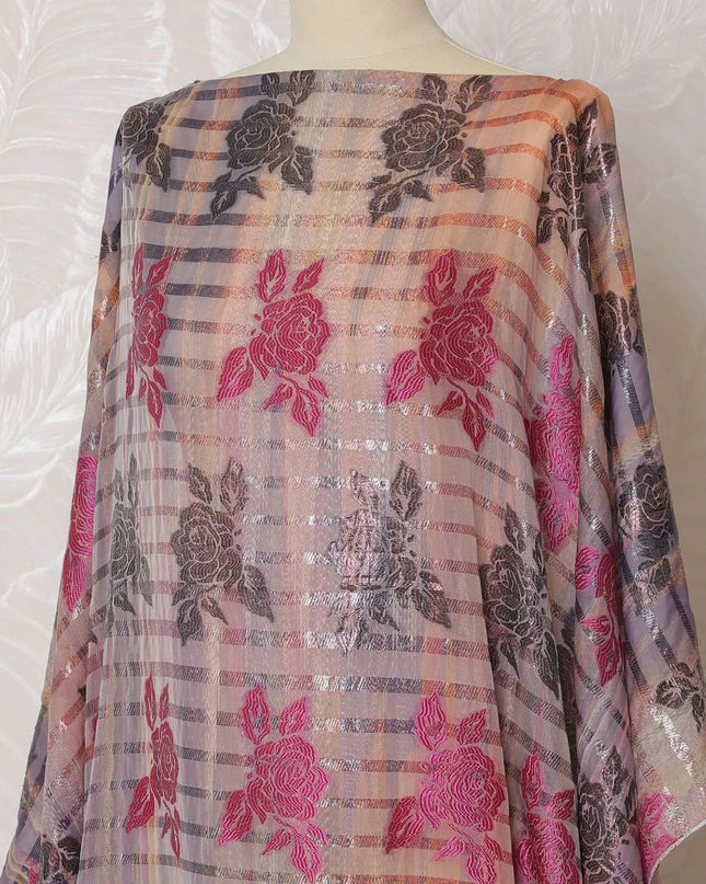 Multicolor Premium pure French (Fransawi) silk chiffon dirac fabric with pink viscose and same tone metallic lurex in floral design-D16665 Regal Fabrics