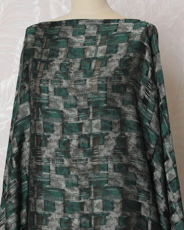 قماش شيفون حريري فرنسي (فرنساوي) أسود فاخر مع أخضر غابة وفيسكوز أخضر غار بتصميم تجريدي -D16666