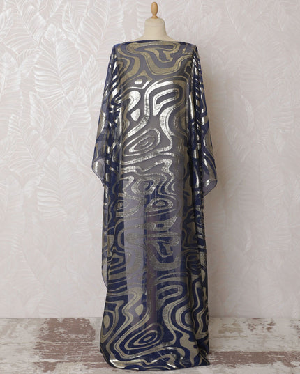 Dark royal blue purple Premium pure French (Fransawi) silk chiffon dirac fabric with gold metallic lurex in abstract design-D16667 Regal Fabrics