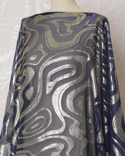 Dark royal blue purple Premium pure French (Fransawi) silk chiffon dirac fabric with gold metallic lurex in abstract design-D16667 Regal Fabrics