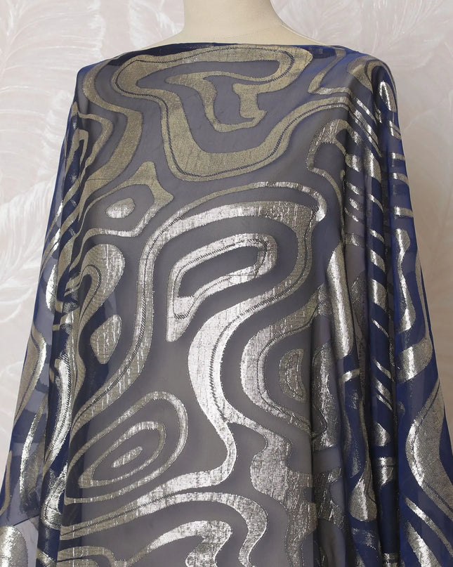 Dark royal blue purple Premium pure French (Fransawi) silk chiffon dirac fabric with gold metallic lurex in abstract design-D16667 Regal Fabrics