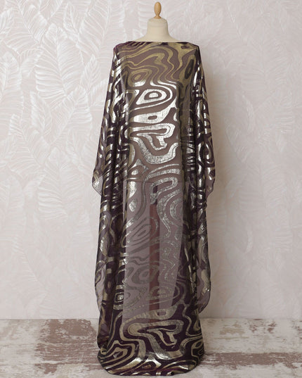 Wine purple Premium pure French (Fransawi) silk chiffon dirac fabric with gold metallic lurex in abstract design-D16668 Regal Fabrics