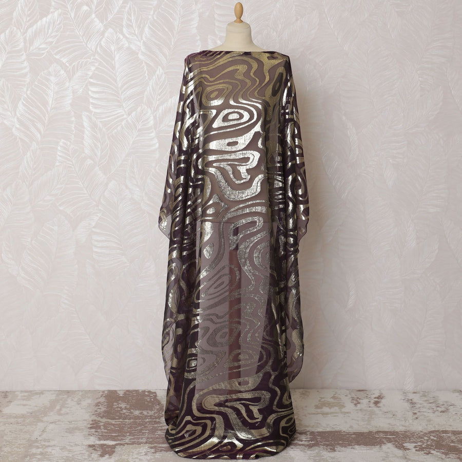 Wine purple Premium pure French (Fransawi) silk chiffon dirac fabric with gold metallic lurex in abstract design-D16668 Regal Fabrics
