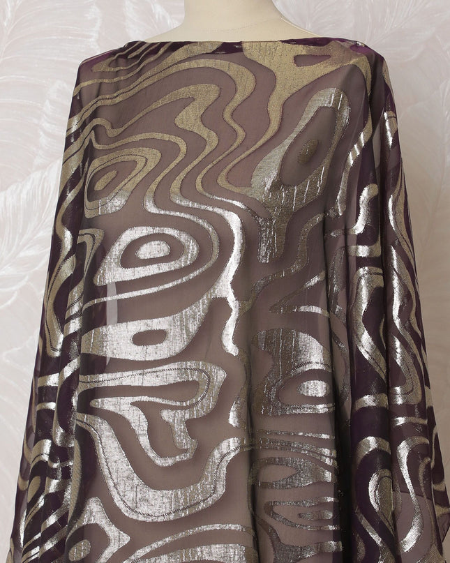 Wine purple Premium pure French (Fransawi) silk chiffon dirac fabric with gold metallic lurex in abstract design-D16668