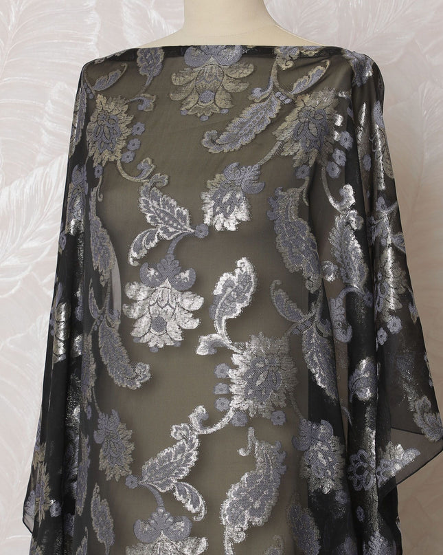Black Premium pure French (Fransawi) silk chiffon fabric with light lilac viscose and gold metallic lurex in floral design-D16669