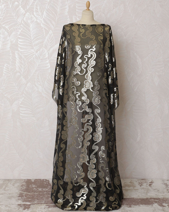 قماش شيفون حريري فرنسي (فرنساوي) أسود فاخر مع فيسكوز الخردل ولوريكس معدني ذهبي بتصميم بيزلي-D16670