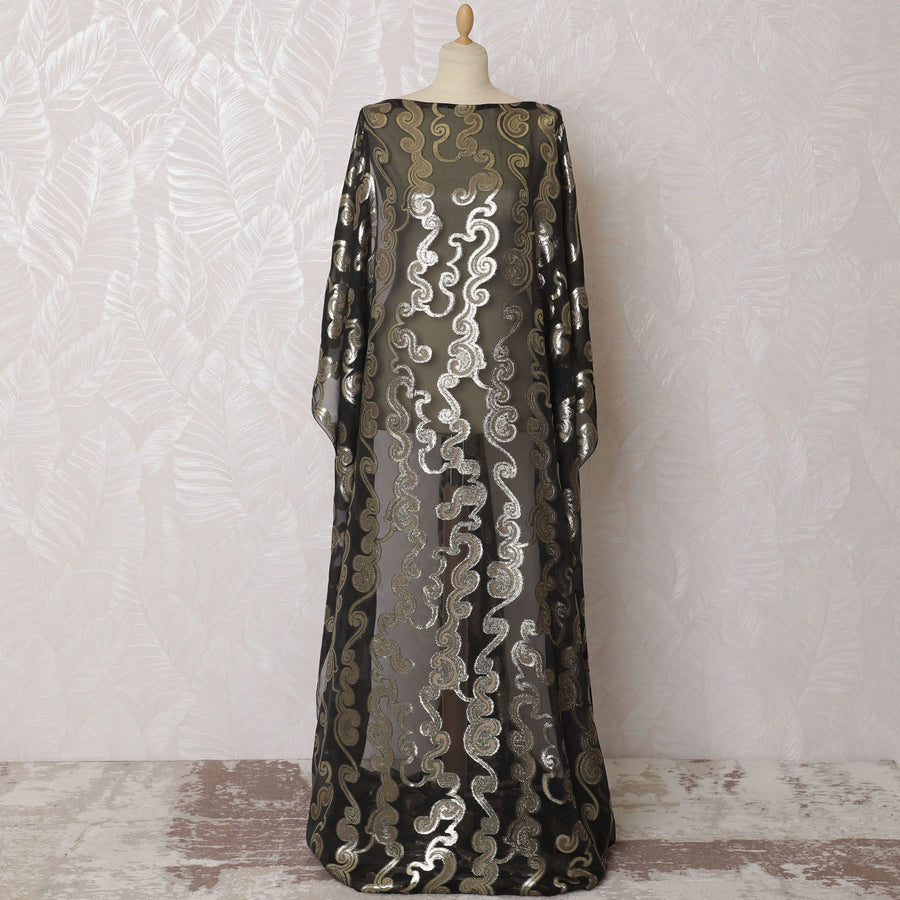 قماش شيفون حريري فرنسي (فرنساوي) أسود فاخر مع فيسكوز الخردل ولوريكس معدني ذهبي بتصميم بيزلي-D16670