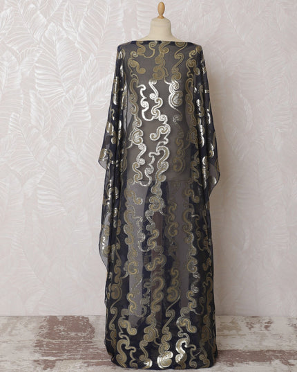 Navy blue Premium pure French (Fransawi) silk chiffon fabric with mustard viscose and gold metallic lurex in paisley design-D16671 Regal Fabrics