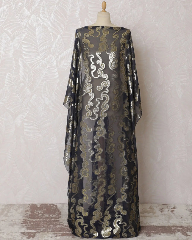 Navy blue Premium pure French (Fransawi) silk chiffon fabric with mustard viscose and gold metallic lurex in paisley design-D16671 Regal Fabrics