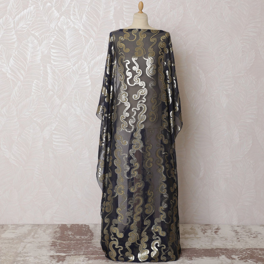 Navy blue Premium pure French (Fransawi) silk chiffon fabric with mustard viscose and gold metallic lurex in paisley design-D16671 Regal Fabrics
