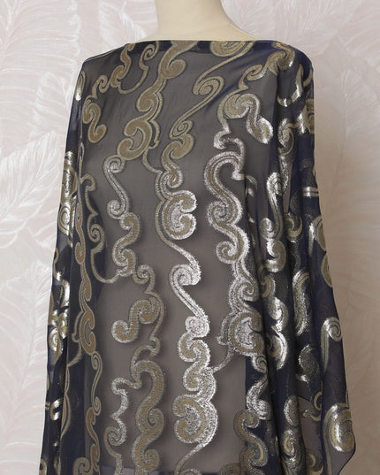Navy blue Premium pure French (Fransawi) silk chiffon fabric with mustard viscose and gold metallic lurex in paisley design-D16671 Regal Fabrics