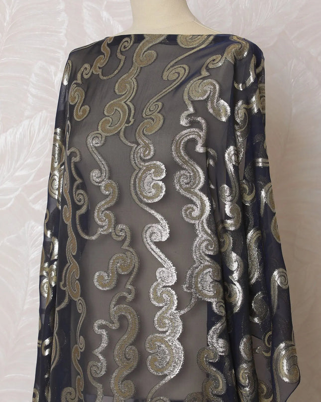Navy blue Premium pure French (Fransawi) silk chiffon fabric with mustard viscose and gold metallic lurex in paisley design-D16671 Regal Fabrics