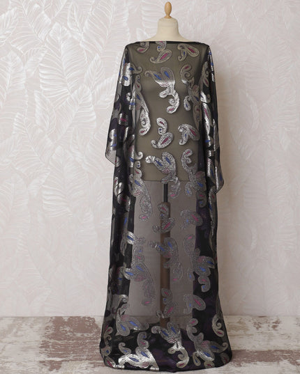 Black Premium pure French (Fransawi) silk chiffon fabric with blue, pink viscose having gold metallic lurex in paisely design-D16672