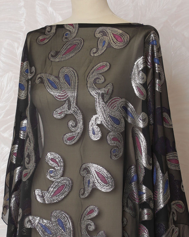 Black Premium pure French (Fransawi) silk chiffon fabric with blue, pink viscose having gold metallic lurex in paisely design-D16672
