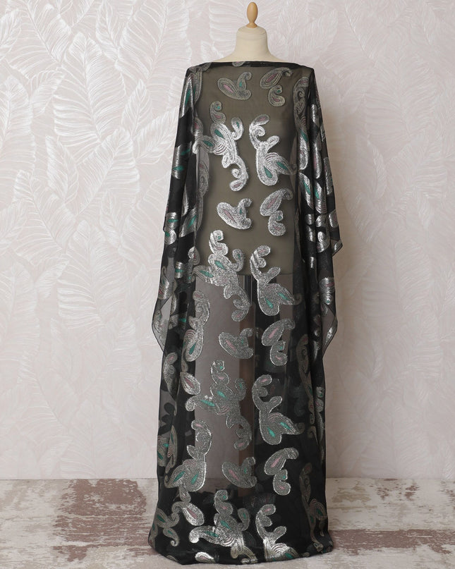 Black Premium pure French (Fransawi) silk chiffon fabric with forest green, baby pink viscose having gold metallic lurex in paisley design-D16674