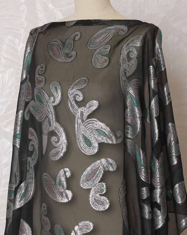 Black Premium pure French (Fransawi) silk chiffon fabric with forest green, baby pink viscose having gold metallic lurex in paisley design-D16674