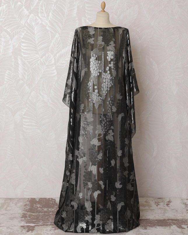 Black Premium pure French (Fransawi) chiffon fabric with grey viscose and silver metallic lurex in floral design-D16675