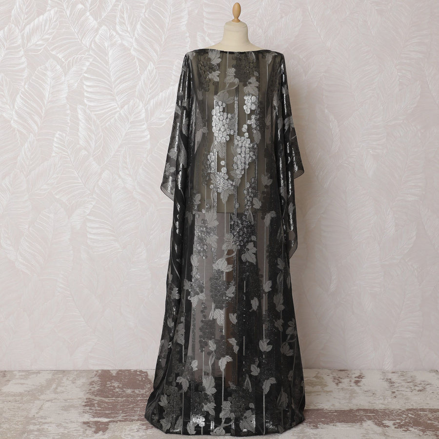 Black Premium pure French (Fransawi) chiffon fabric with grey viscose and silver metallic lurex in floral design-D16675